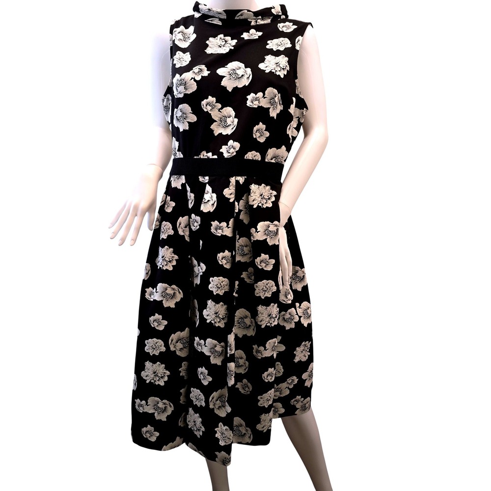 Eva Mendes Dress Women Large Black White Floral Fit Flare Midi Sleeveless Pocket